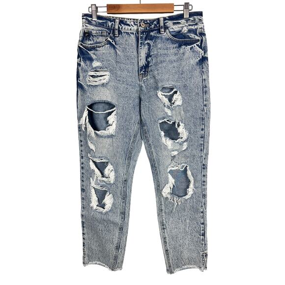 KanCan Womens 9/28 Collie High Rise Distressed Ripped Grunge Punk Mom Blue Jeans - Picture 1 of 10